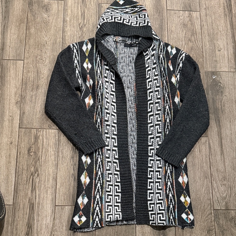 On Blue Geometric Patterned Aztec Print Hooded Cardigan - Picture 3 of 6